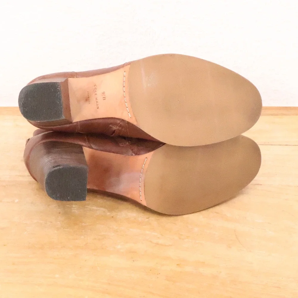 Cole Haan Leather Ankle Booties Womens Size 9.5B Brown Block Heel Buckle Strap